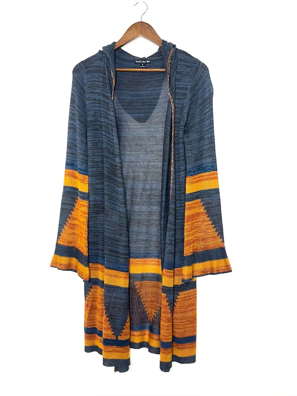 Double Zero Boho Southwestern Aztec Hooded Cardigan Bell Sleeve Duster Size S